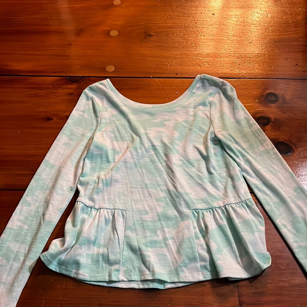 blue/green camo shirt with flowy bottom